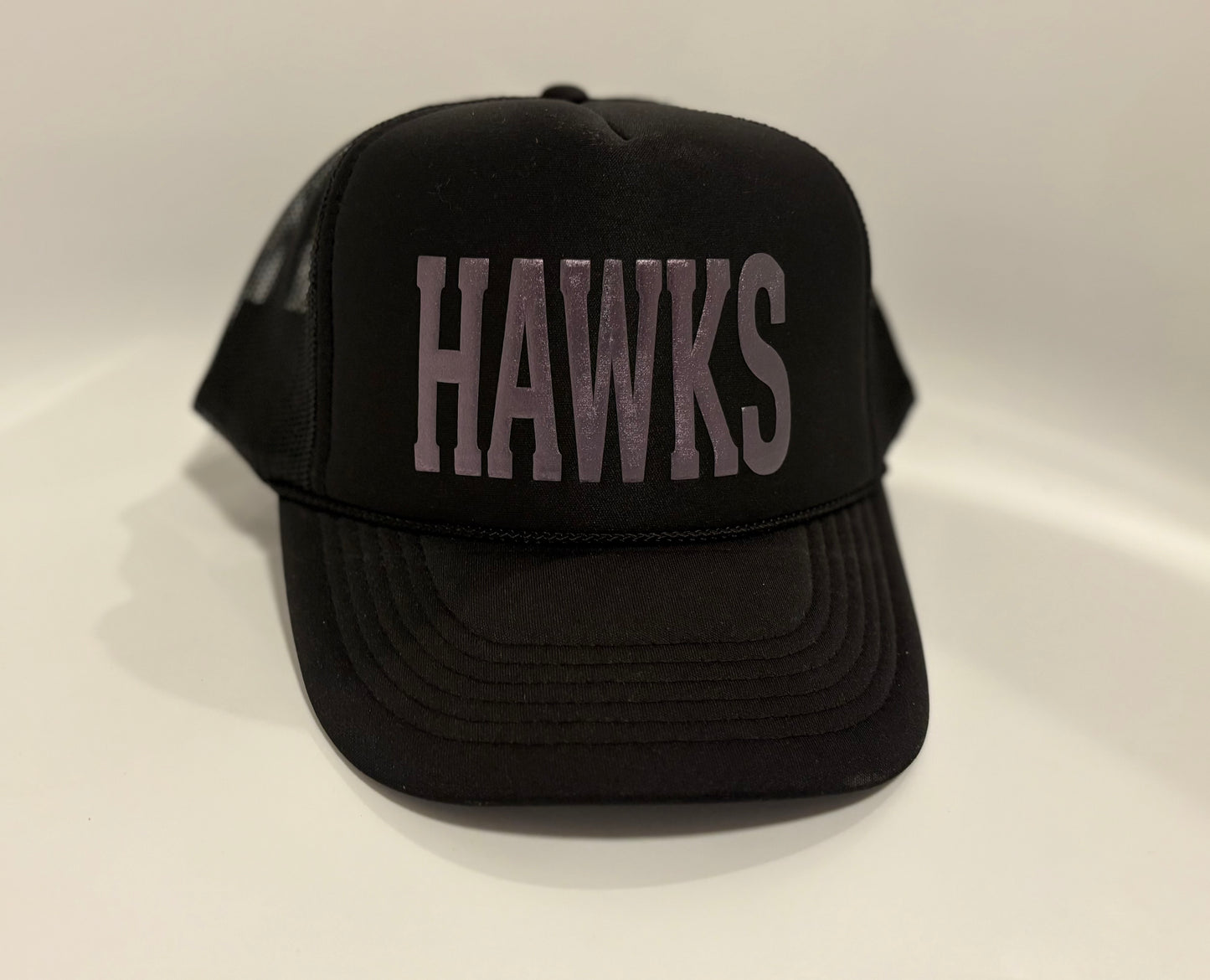 Black Trucker Hat with Puff Shimmer "Hawks" - $28.00