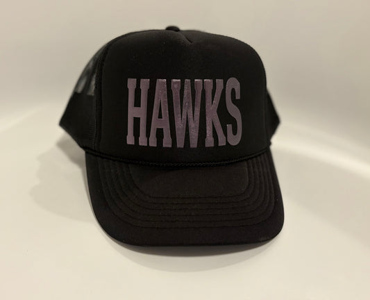 Black Trucker Hat with Puff Shimmer "Hawks" - $28.00