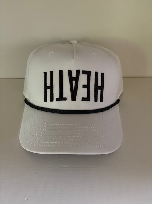 White cap w/ Black rope and upside down "HEATH" - Multiple Colors Available