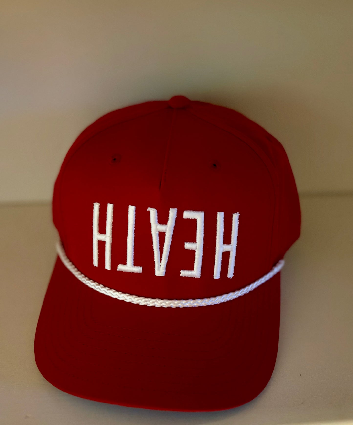 White cap w/ Black rope and upside down "HEATH" - Multiple Colors Available
